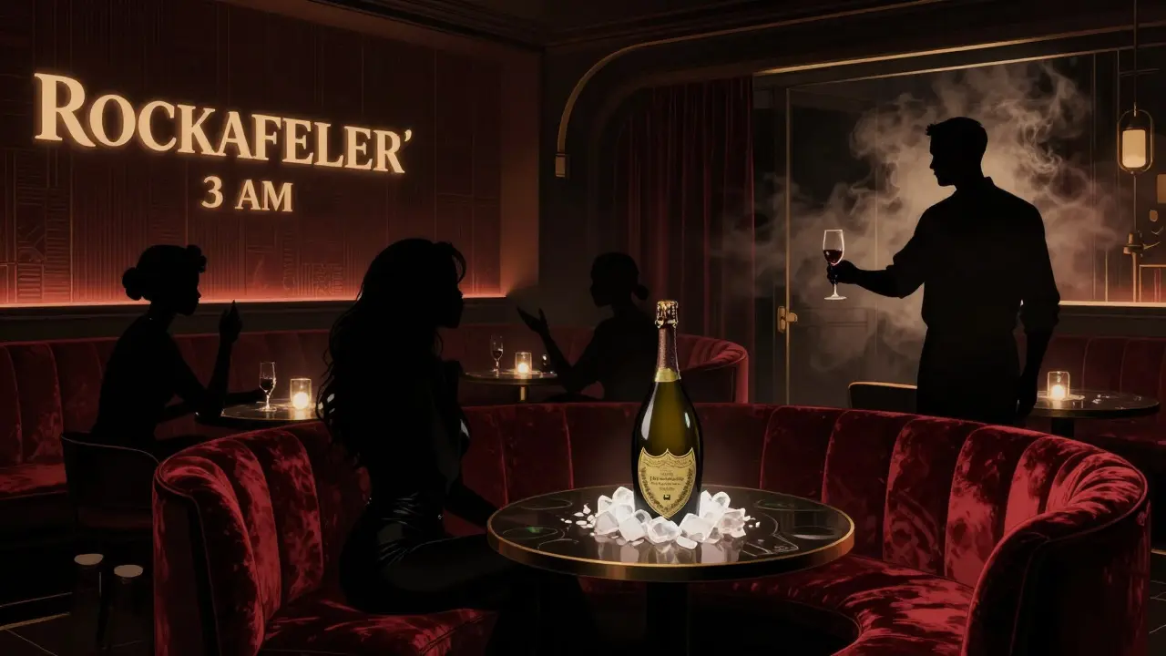 Dark, plush nightclub with silhouetted guests and glowing champagne bottle, moody cinematic lighting.
