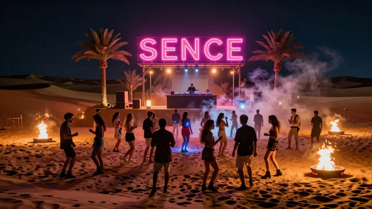 Desert nightclub under stars with neon lights, dancing crowd on sand dunes.