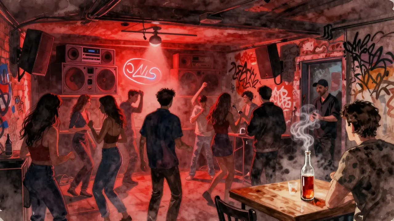 Dim basement club in Karaköy with dancers under pulsing lights, sound system vibrating, smoky atmosphere.