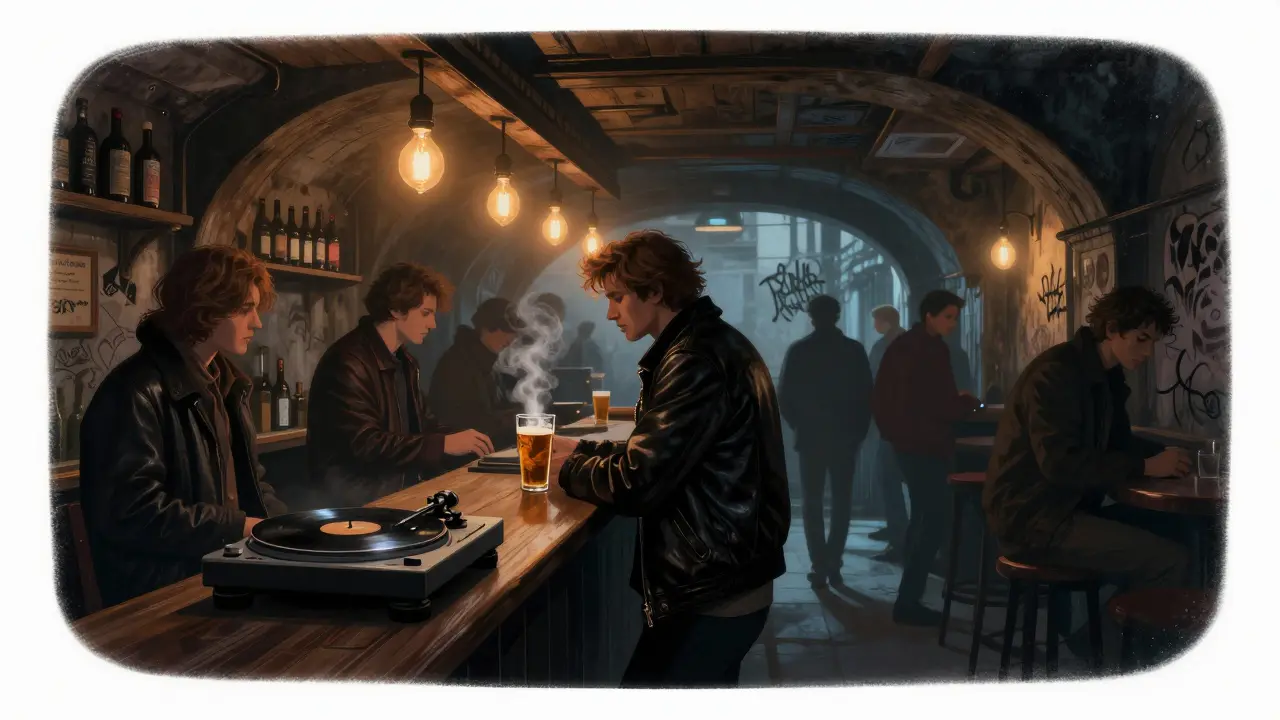 Dimly lit basement bar with patrons swaying to live punk music under flickering bulbs and wooden walls.