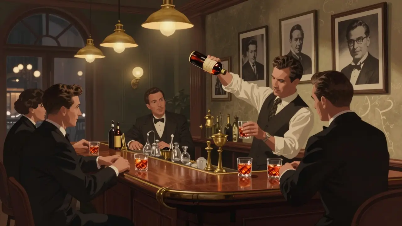 Elegant Bar Basso interior with patrons sipping Negroni Sbagliati under vintage lighting.