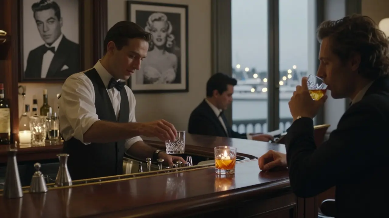 Elegant bar in Hôtel de Paris with piano, vintage photos, and guest sipping cocktail by candlelight.