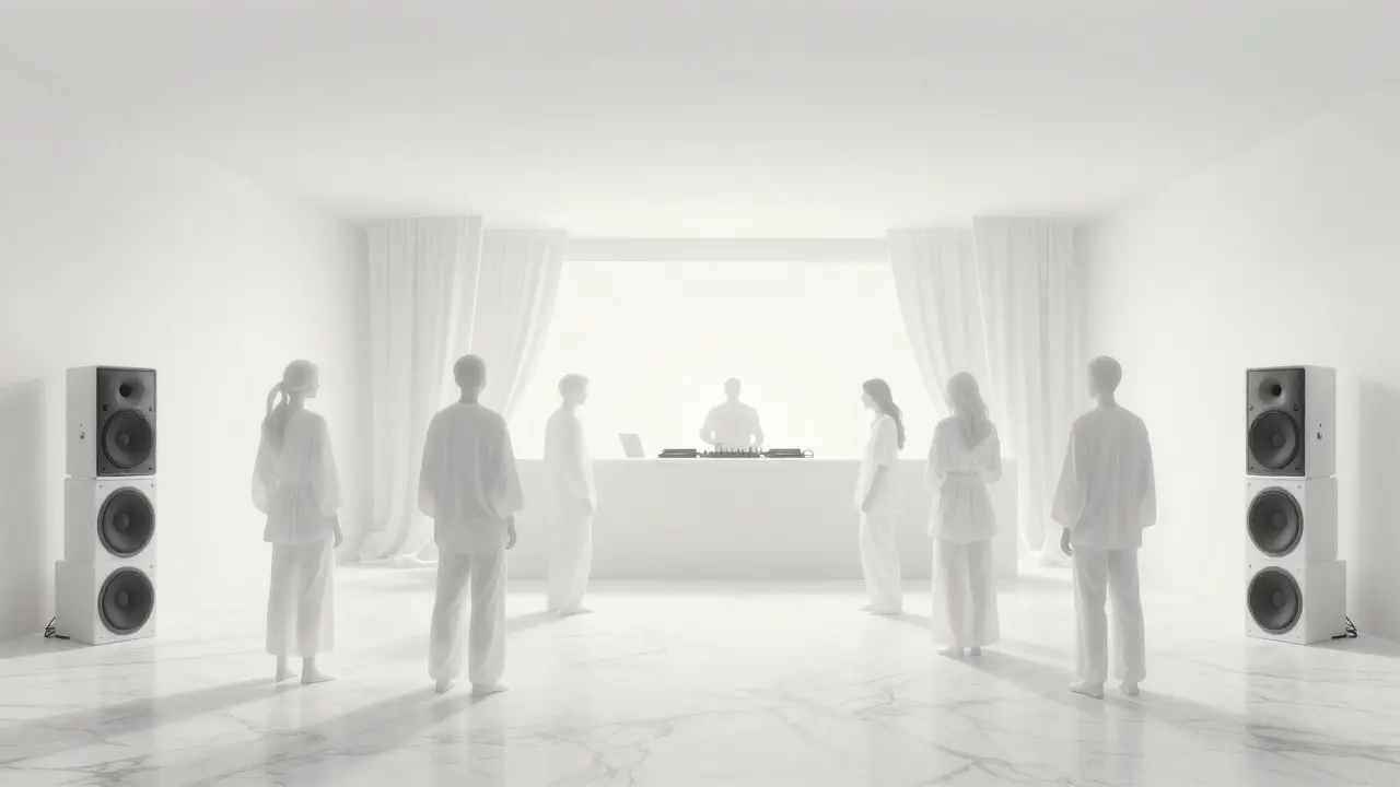 Guests in all-white attire standing silently on marble floors at a minimalist beachfront club with soft ambient lighting.