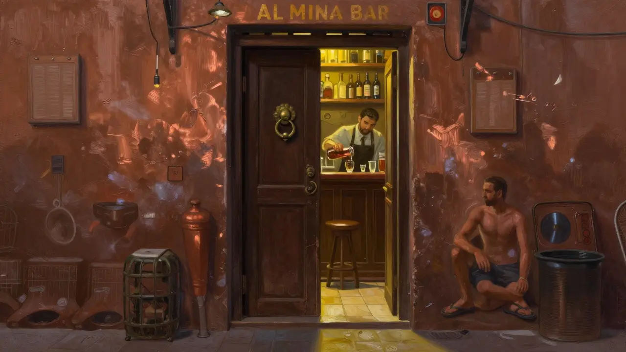 Hidden Al Mina Bar entrance in a narrow alley, dim light revealing a bartender pouring whiskey for a casual patron.