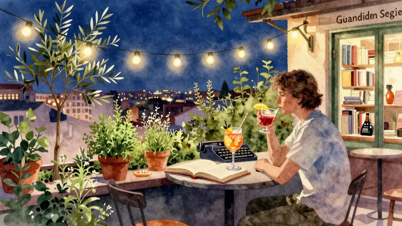 Hidden rooftop garden with string lights and city skyline, solitary figure enjoying a drink.