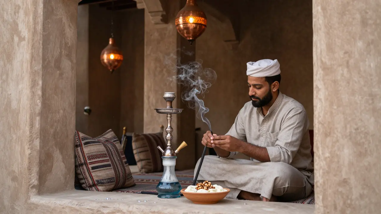 Hidden shisha spot in Al Seef with lanterns, hand-prepared tobacco, and traditional snacks in quiet ambiance.