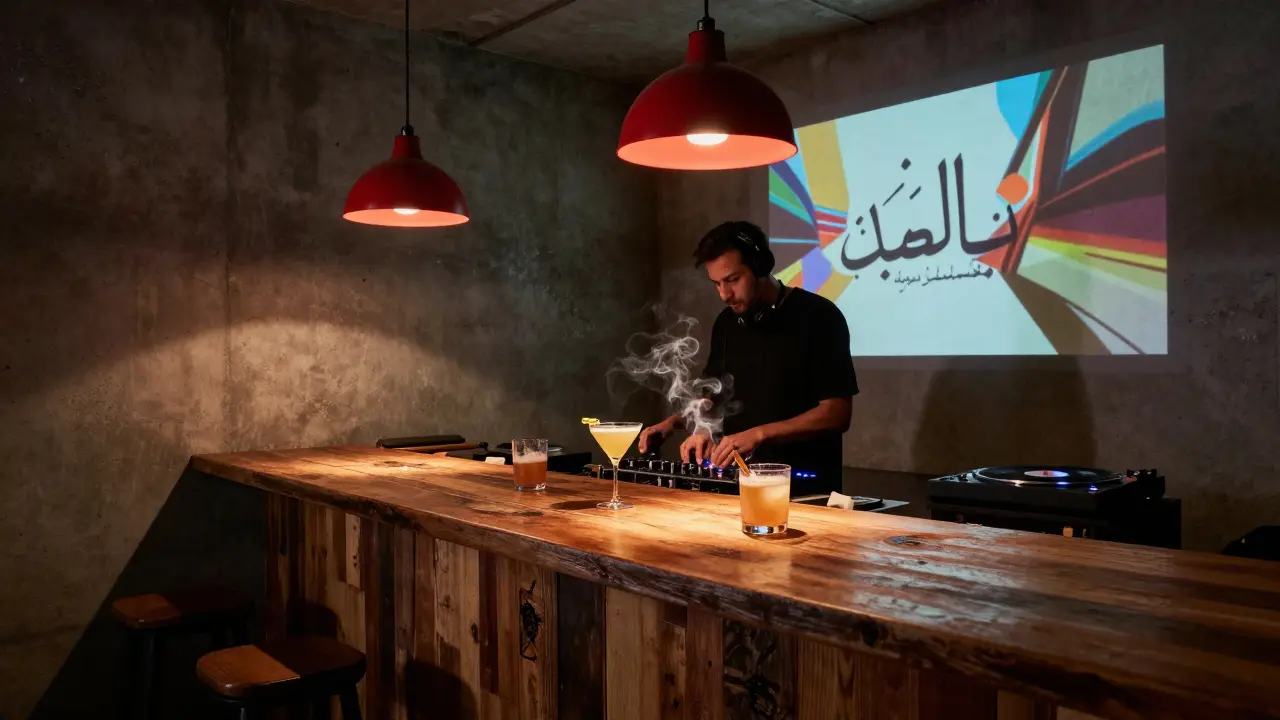 Hidden underground bar with concrete walls, smoke rising from cocktails in dim red light.