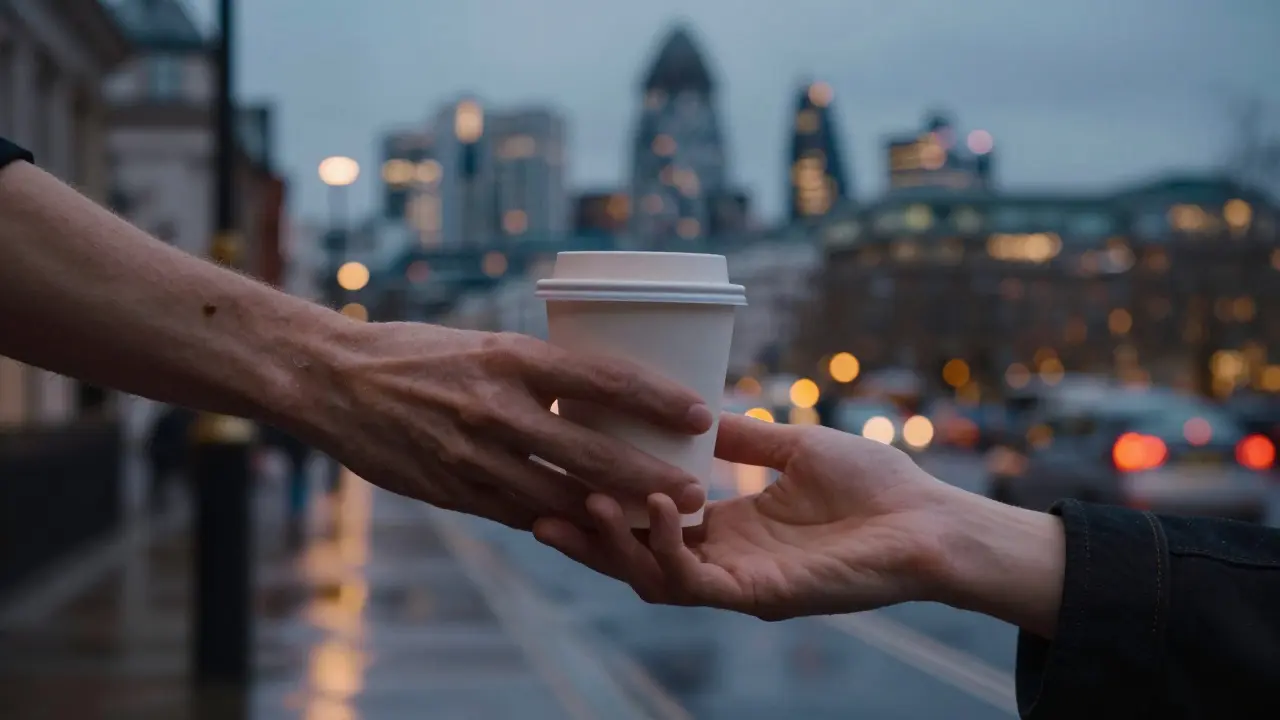 Interlocking hands offering coffee, symbolizing connection against a blurred London skyline.