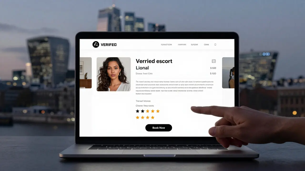 Laptop screen showing a verified escort profile with real photos, detailed bio, and client reviews in London.