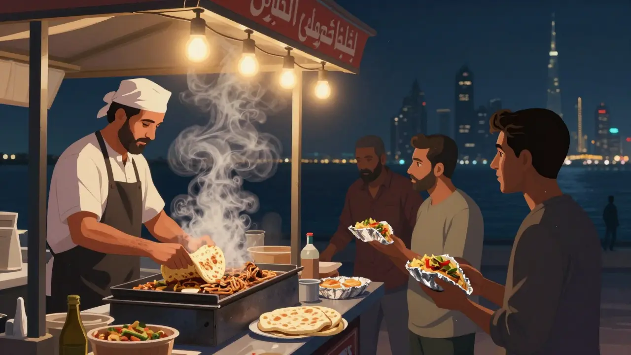 Late-night shawarma stall in Deira, steam rising from food under string lights.