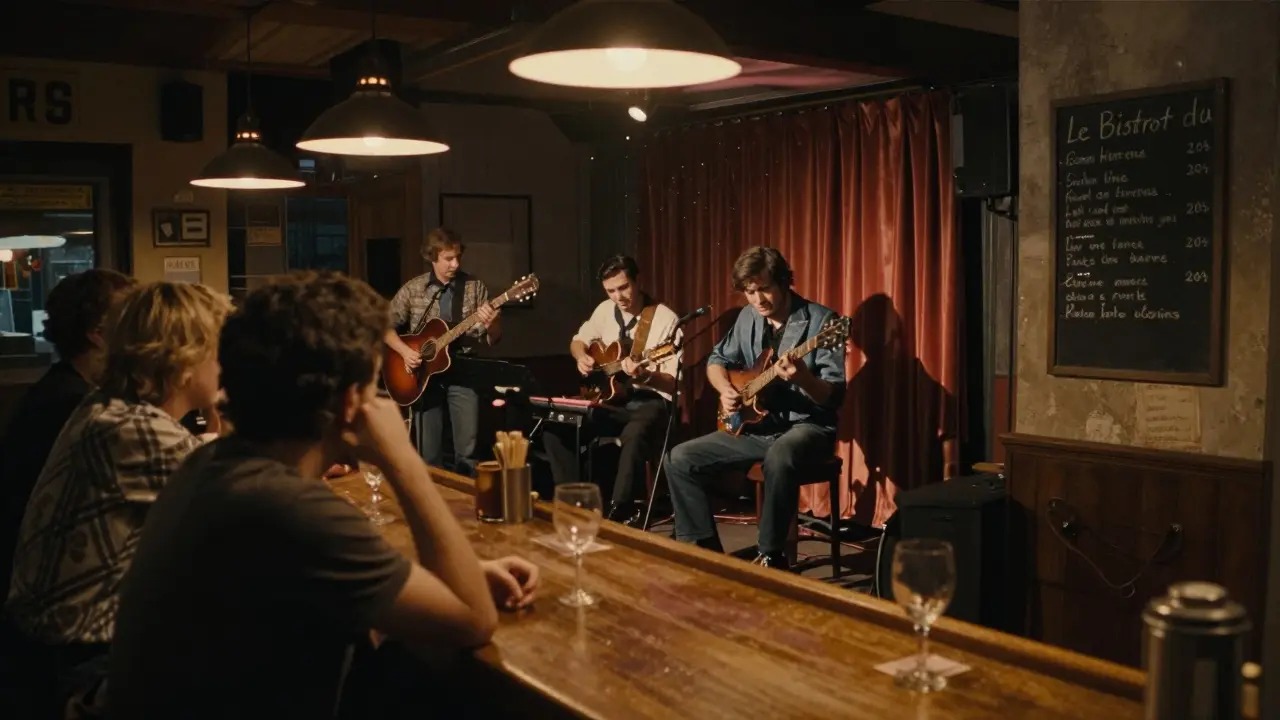 Live blues band performing in a cozy fishmonger bar with chalkboard prices and warm ambient lighting.