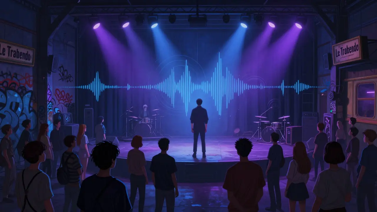 Lone person enjoying live music at Le Trabendo, surrounded by a diverse crowd under colored stage lights.