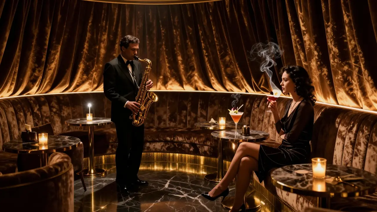 Luxurious private lounge with a saxophonist, velvet drapes, and golden lighting in moody ambiance.