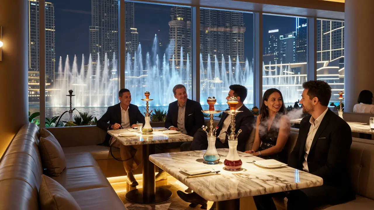 Luxury shisha lounge with modern design and Dubai Fountain view, guests enjoying flavored tobacco under ambient lighting.