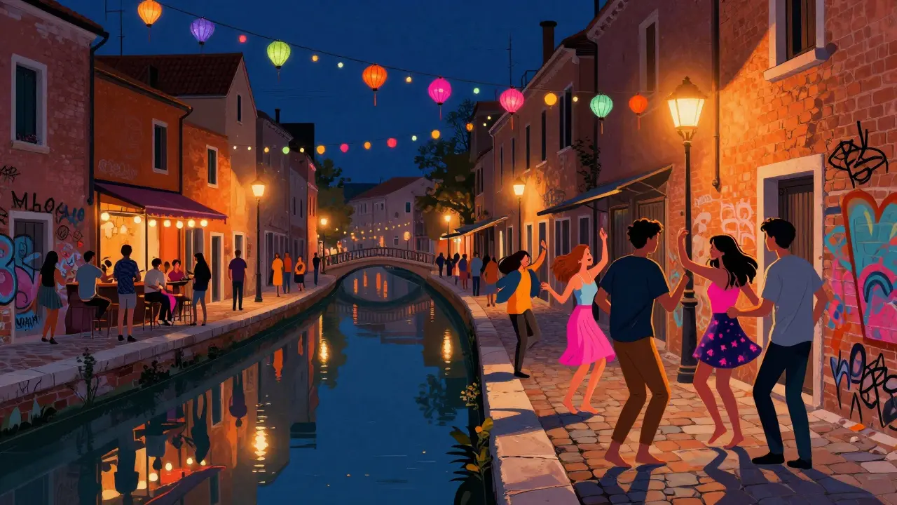 Nightlife along Milan&#039;s Navigli canal with people dancing on cobblestones, colorful lanterns, and reflections on water.