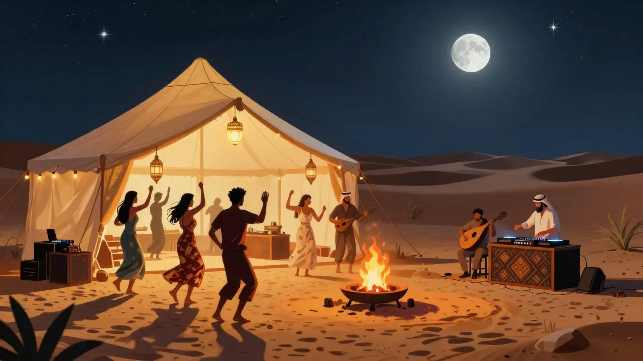 People dancing barefoot in a glowing desert tent under a starry sky with lanterns and dunes around.