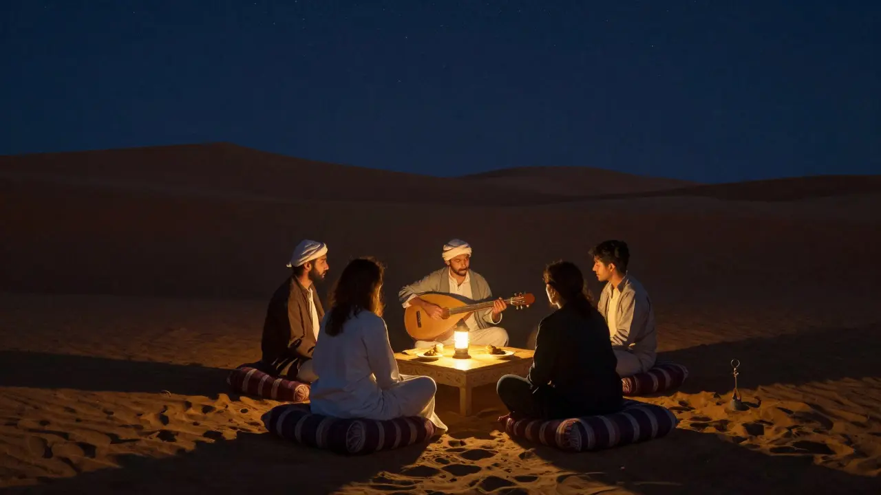 Private desert camp at night with lanterns, oud player, and guests seated under a starry sky.