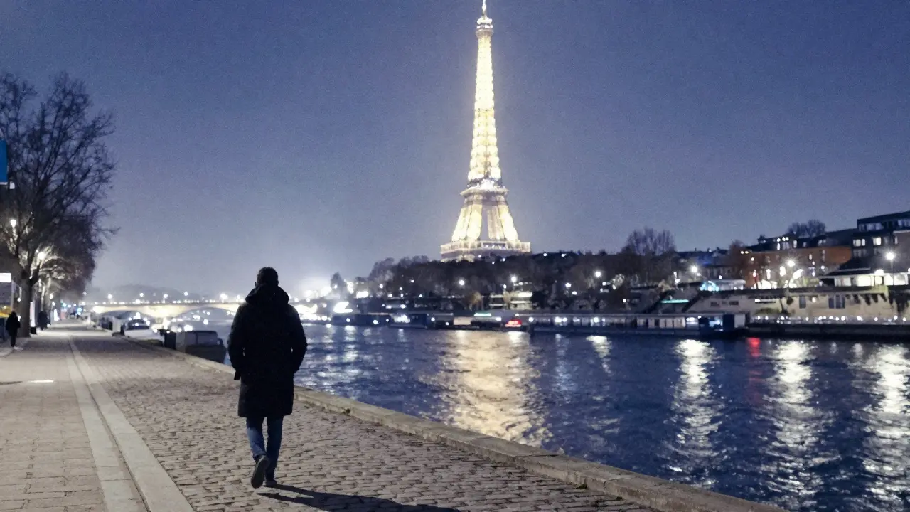 Quiet midnight walk along the Seine with the sparkling Eiffel Tower reflected in the water.