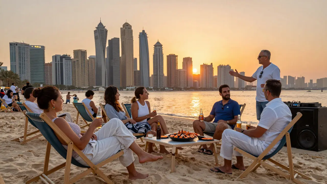 Relaxed locals at Beach 21 enjoying sunset drinks and grilled shrimp as the marina lights begin to glow.