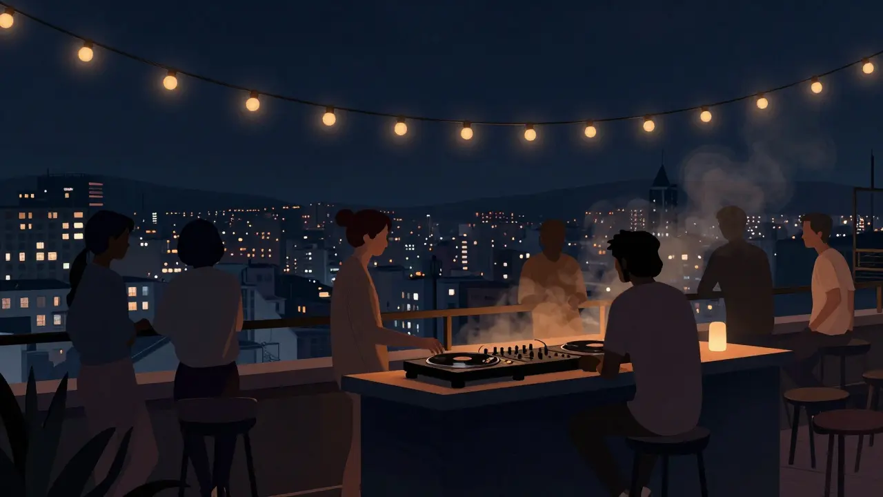 Rooftop bar with city skyline view, guests silhouetted against neon lights and string decorations.