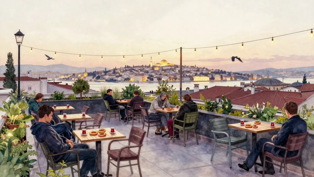 Rooftop garden at dawn with empty chairs, tea cups, and soft morning light over Istanbul.