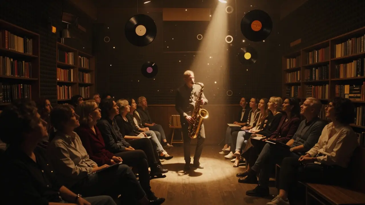 Silent jazz audience in a hidden cellar room with floating vinyl records and a single saxophonist in amber light.