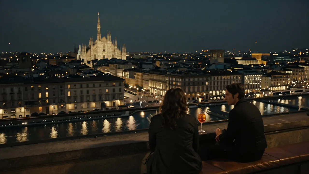 Silhouettes of two individuals overlooking Milan's glittering city lights from a rooftop terrace at night.