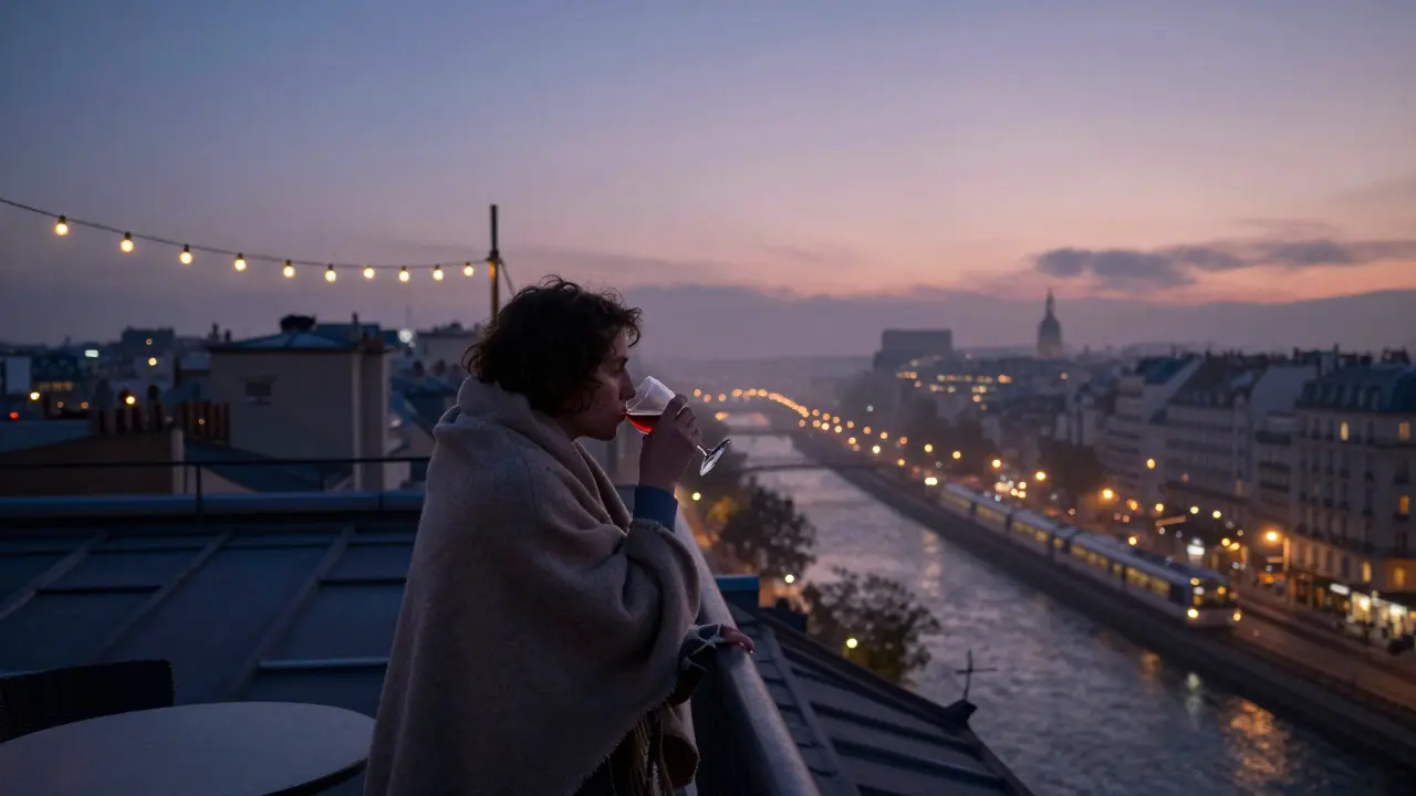 Solo figure on a rooftop terrace at dawn, sipping mulled wine as city lights fade softly in the distance.