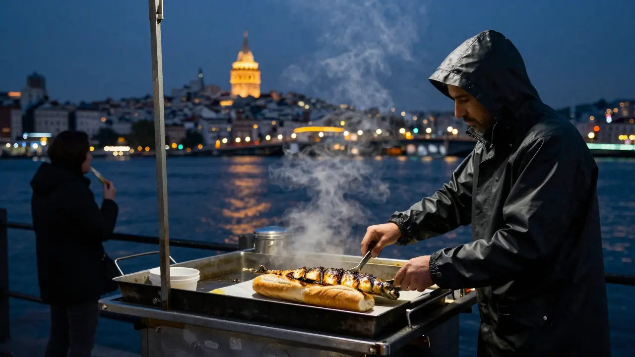 Street vendor serving grilled mackerel sandwich at 2 a.m. near Galata Bridge, Bosphorus glowing in background.