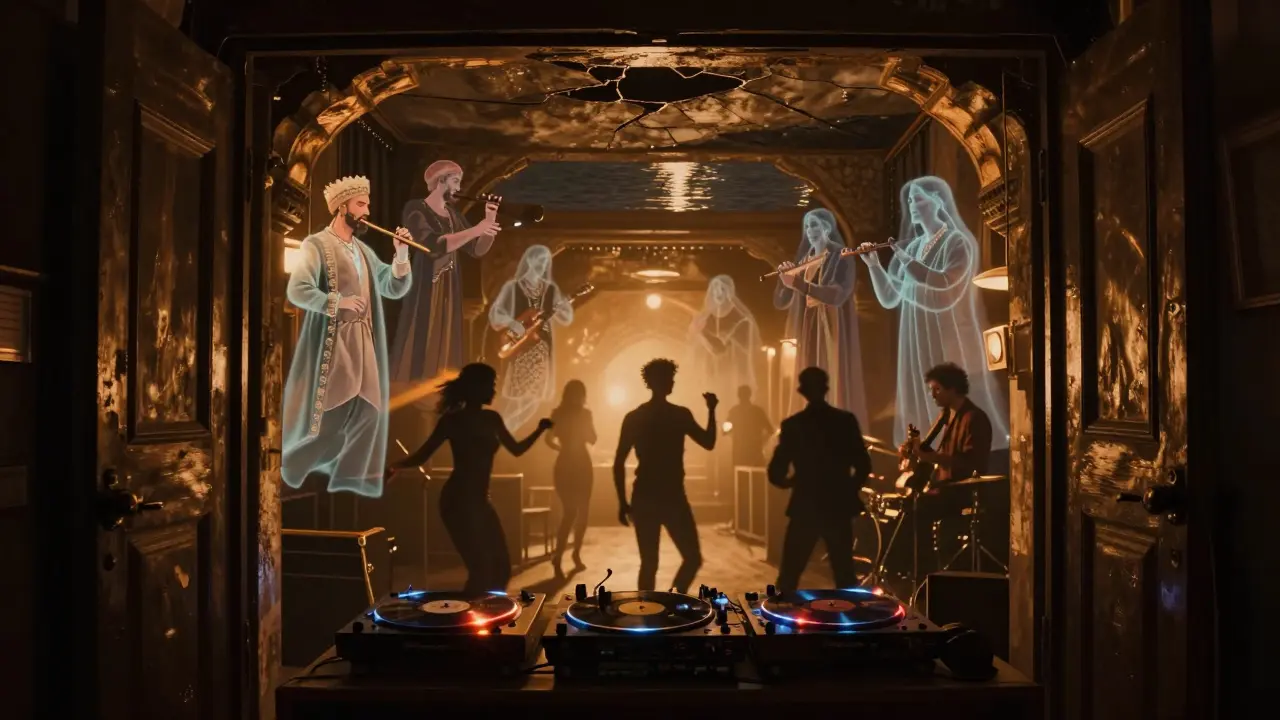 Surreal underground club where Ottoman ghosts blend with modern dancers under vinyl-lit warmth.