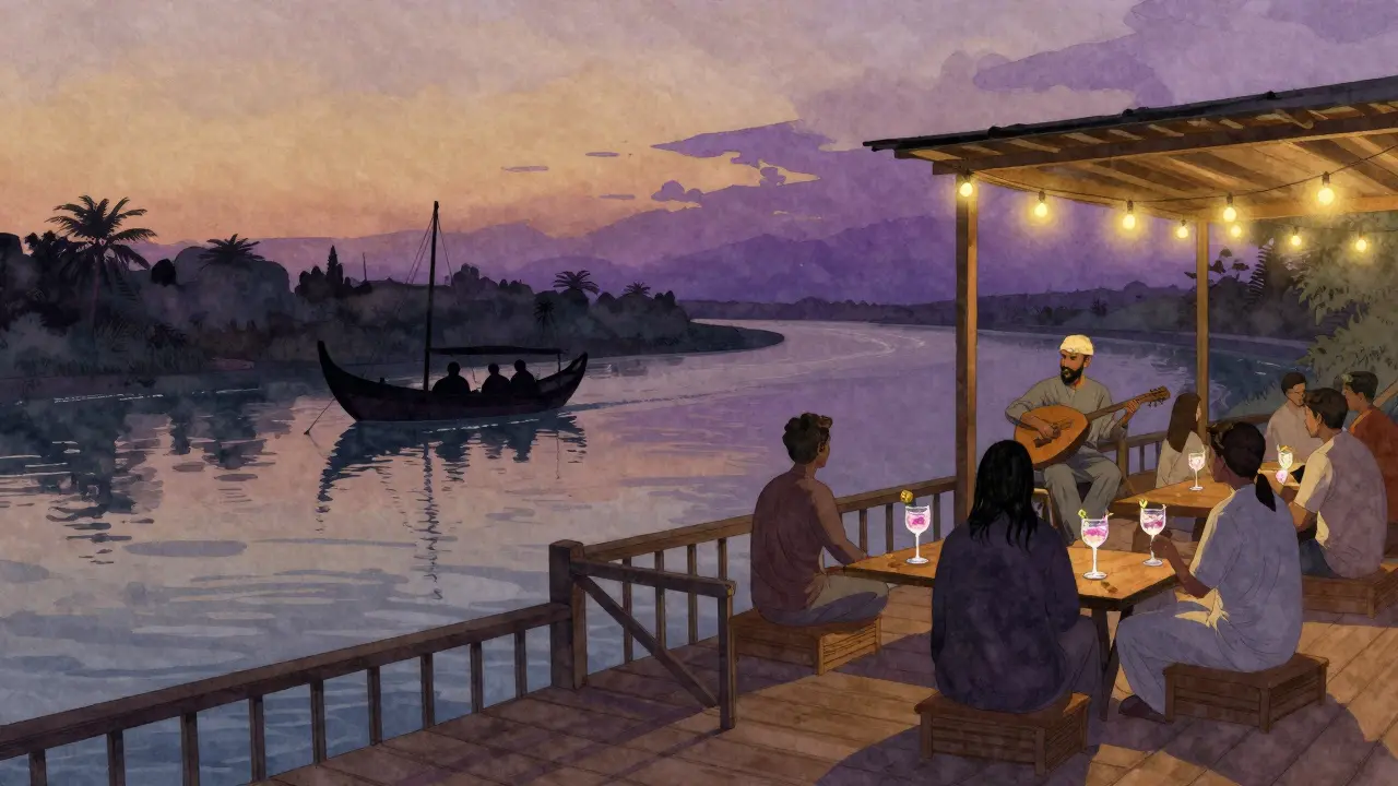 Tranquil dusk at Al Fattan Creek with a live oud player and dhows on calm water under violet skies.