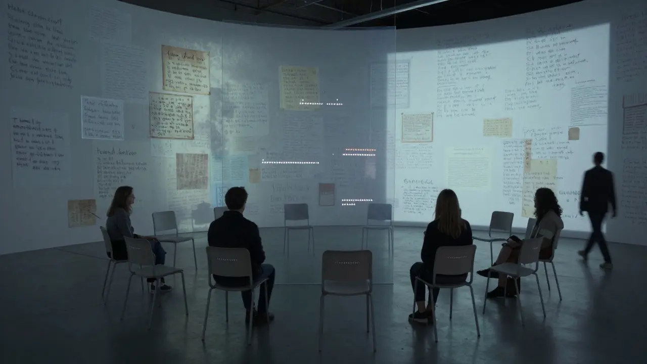 Twelve empty chairs in an art installation play whispers and silence, with faint shadows and handwritten notes on the walls.