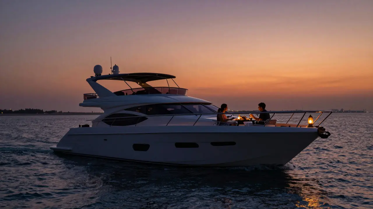 Two people enjoy a quiet dinner on a private yacht at sunset in Abu Dhabi.