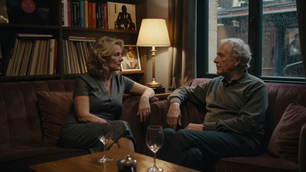 Two people in a warm, book-filled apartment, sharing silent companionship in soft lamplight.