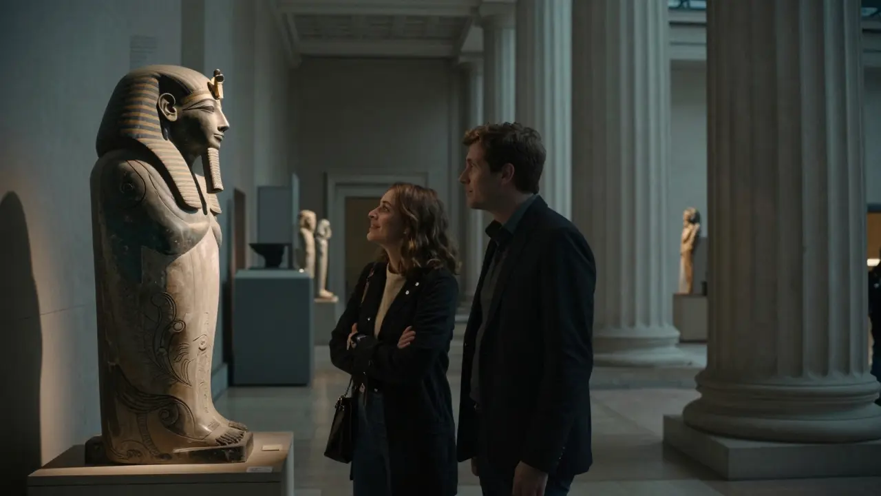 Two people quietly admiring an artifact in the empty British Museum at night.
