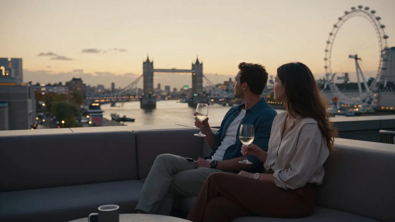 Two people relaxing on a rooftop at sunset, overlooking the Thames and London’s skyline.