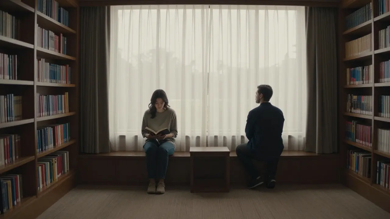 Two people sitting in peaceful silence in a luxury hotel library at dawn.