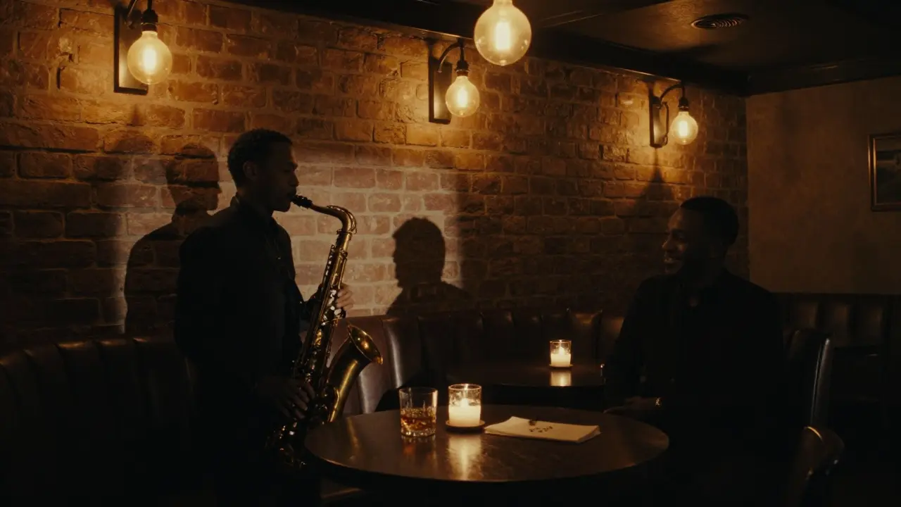 Two silhouettes in a dim jazz bar in Jumeirah, bathed in warm amber light and shadows.