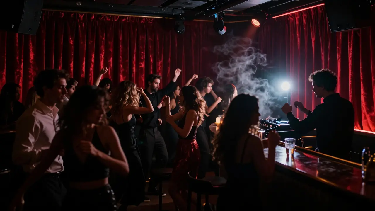 Underground La Scala Club with velvet curtains and dancers illuminated by pulsing bass lights.