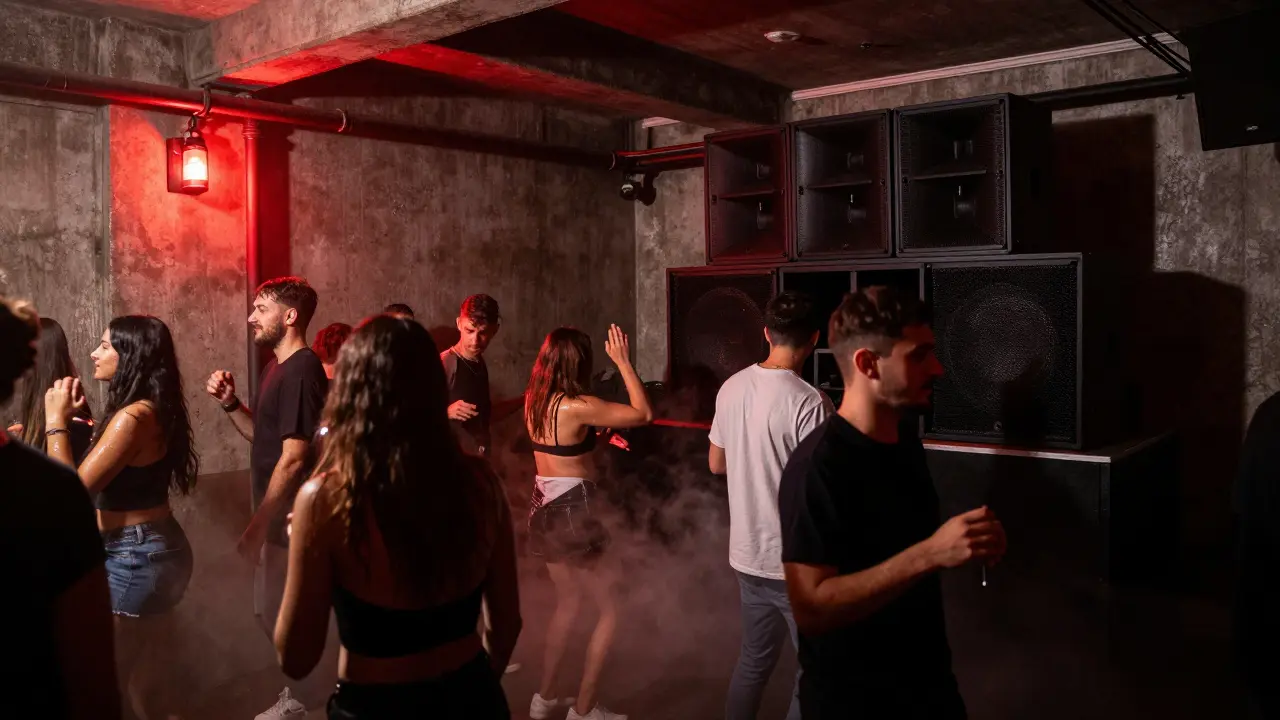 Underground techno club with dancers under red lights and exposed concrete walls.