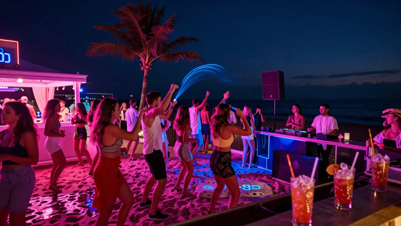 Vibrant beach club at night with neon lights, dancing crowd, and palm trees under starry skies.
