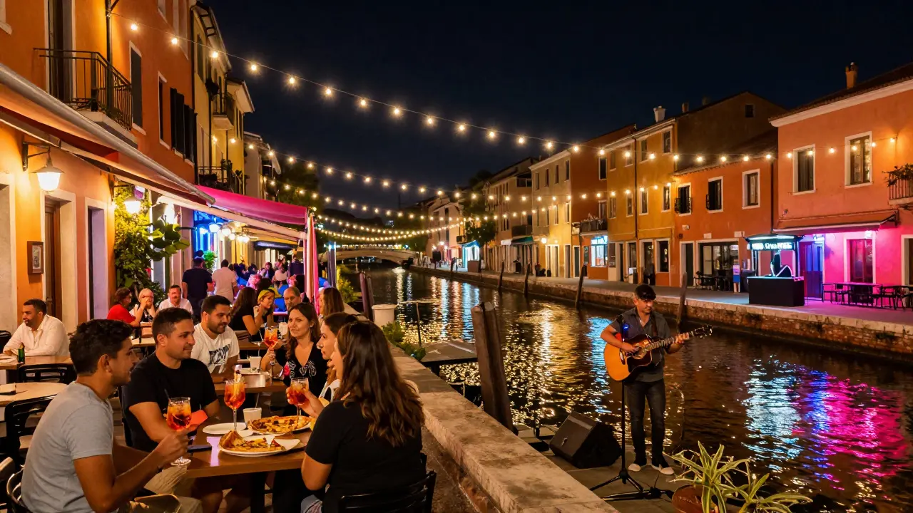 Vibrant nightlife along Navigli canals with string lights, people dancing, and live music under the night sky.