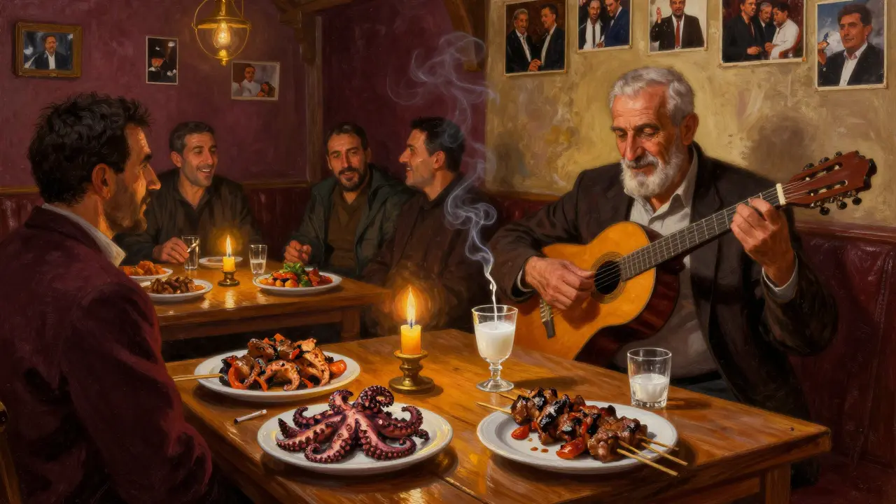 Warmly lit traditional meyhane with raki glasses, grilled food, and musicians playing in candlelight.
