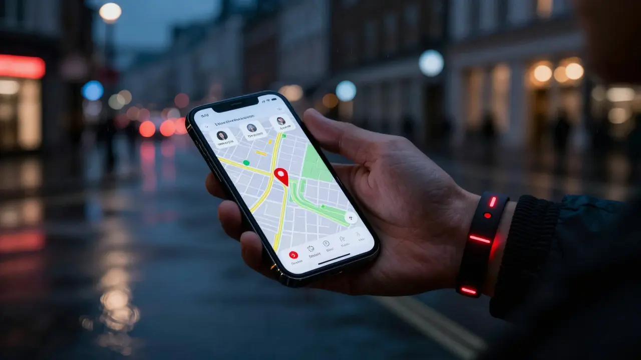 Wearable panic button linked to a smartphone displaying a live safety alert with GPS location in rainy London night.