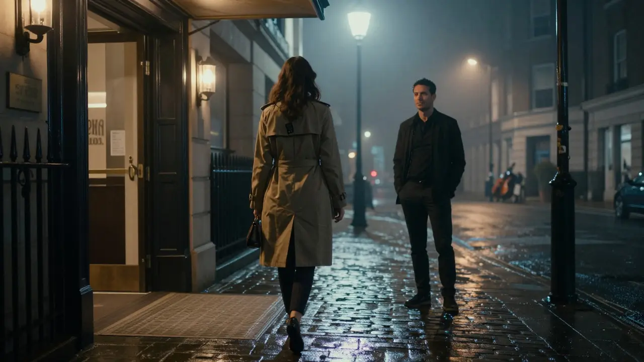 Woman walking away from a luxury hotel at night in London, man watching respectfully in the background.