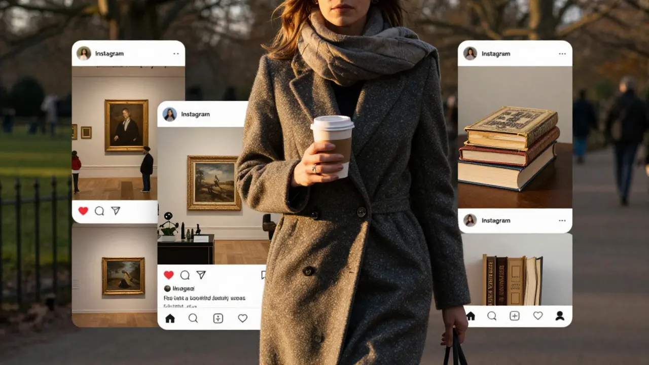 Woman walking in Hyde Park with coffee, subtle digital social media posts visible in background, conveying refined online presence.