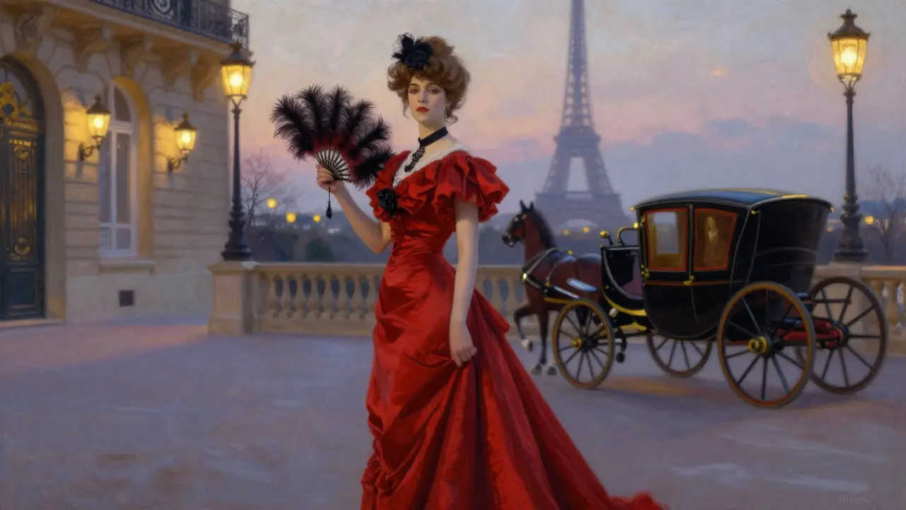A Belle Époque courtesan in a lavish red gown stands before her mansion as the Eiffel Tower glows in the distance.