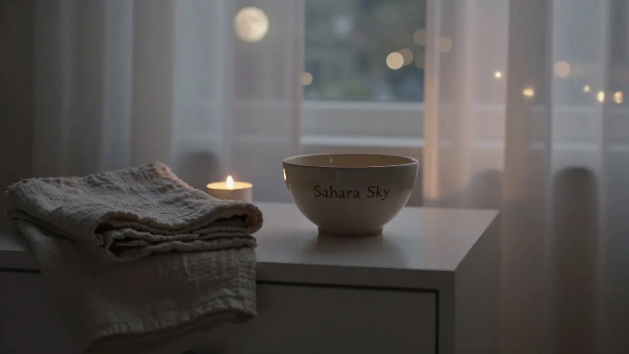 A ceramic bowl engraved with 'Sahara Sky' rests on a nightstand under moonlight.