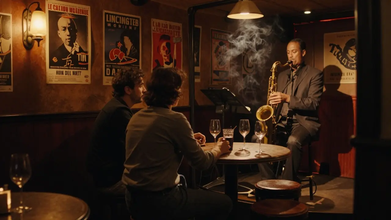 A couple enjoys live jazz in a cozy, dimly lit cellar bar in Paris, sharing quiet moments with wine.