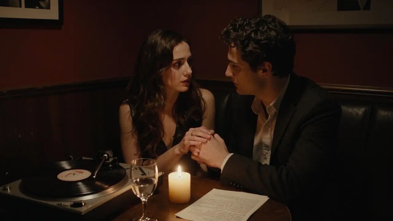 A couple in a jazz club booth, candlelight on their faces as she cries and he holds her hand.